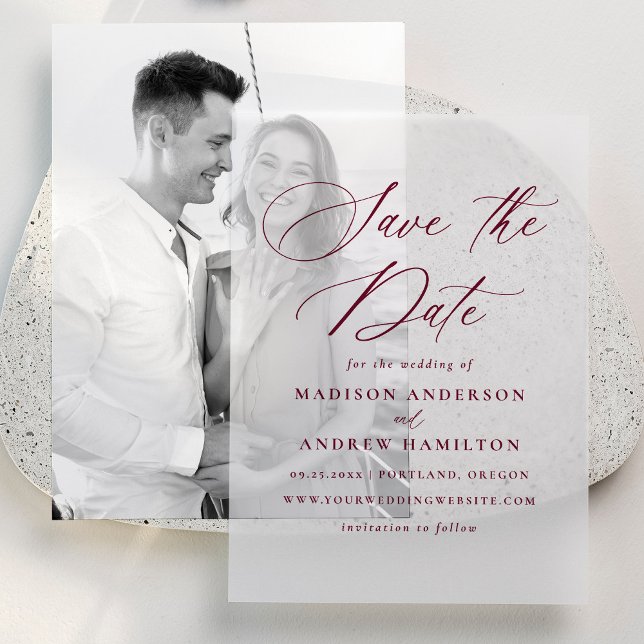 Elegant Burgundy Calligraphy Wedding Save the Date Vellum Invitations (Creator Uploaded)