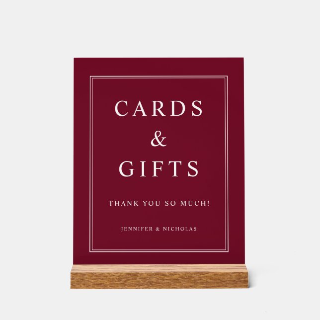 Elegant Burgundy Cards And Gifts Wedding Acrylic Sign (Front)