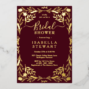 Elegant Burgundy Chic Boho Bridal Shower Foil Invitation