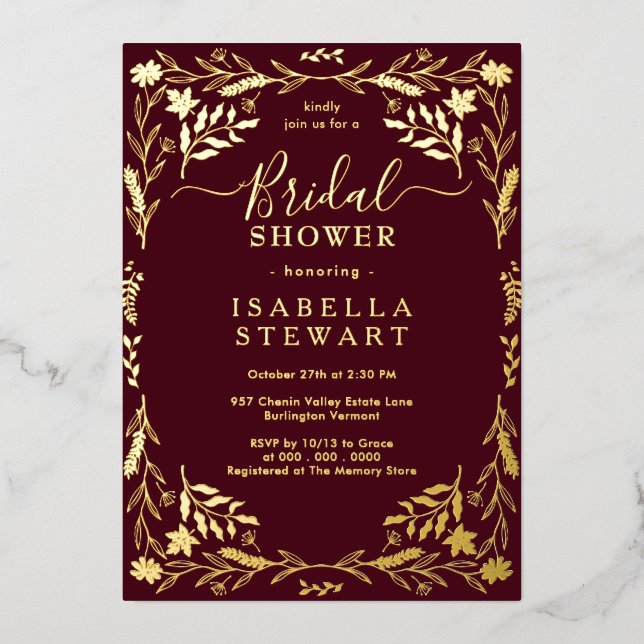 Elegant Burgundy Chic Boho Bridal Shower Foil Invitation (Front)