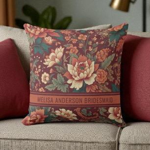 Elegant Burgundy Chinoiserie Floral Bridesmaid Throw Pillow