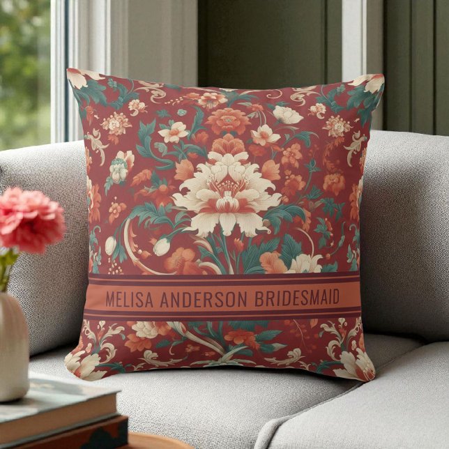 Elegant Burgundy Chinoiserie Floral Bridesmaid Throw Pillow (Creator Uploaded)