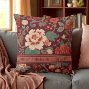 Elegant Burgundy Chinoiserie Floral Bridesmaid Throw Pillow