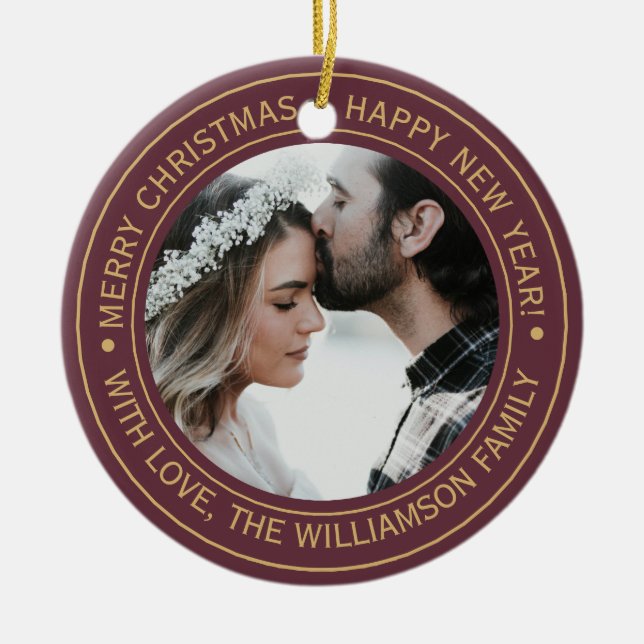 Elegant Burgundy Christmas Monogram Photo Ceramic Ornament (Front)