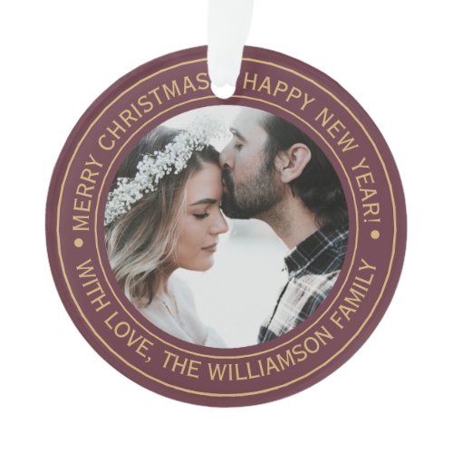 Elegant Burgundy Christmas Monogram Photo Ornament