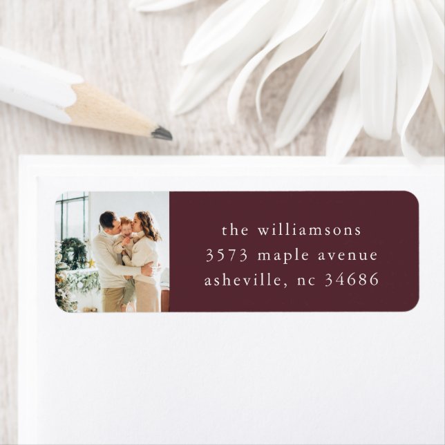 Elegant Burgundy Christmas Photo Return Address Label (Insitu)
