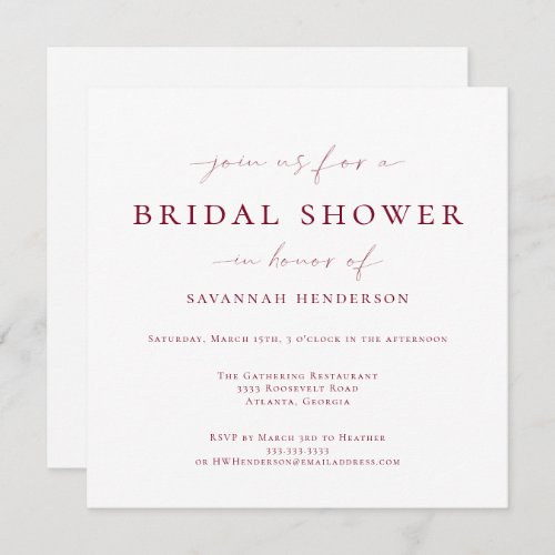 Elegant Burgundy Classic Bridal Shower Invitation