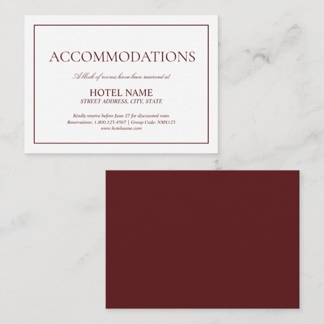 Elegant Burgundy Classic Script Accommodations Enclosure Card (Front/Back)