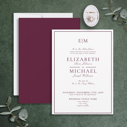 Elegant Burgundy Classic Script Monogram Wedding Invitation