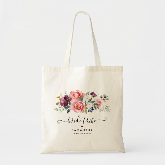 Elegant Burgundy Coral Peach Floral Bridal Party Tote Bag (Front)