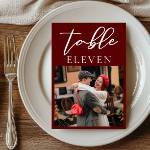 Elegant Burgundy Couple Photo Wedding Table Number