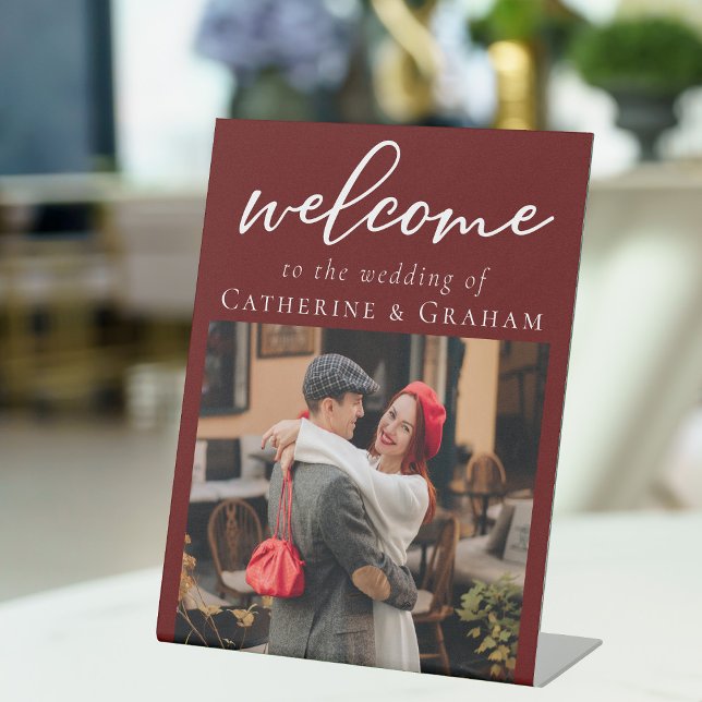 Elegant Burgundy Couple Photo Wedding Welcome Pedestal Sign (Creator Uploaded)