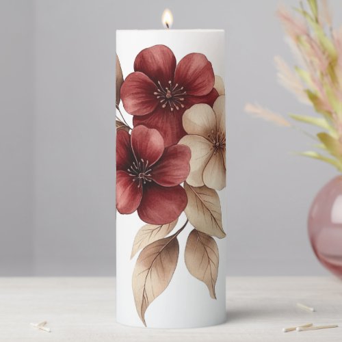 Elegant Burgundy & Cream Watercolor Floral Pillar Candle