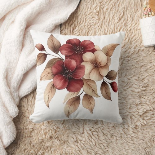 Elegant Burgundy & Cream Watercolor Floral Throw Pillow