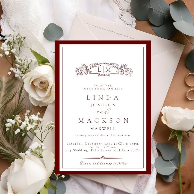 Elegant Burgundy Crest Monogram Wedding  Invitat Invitation (Creator Uploaded)
