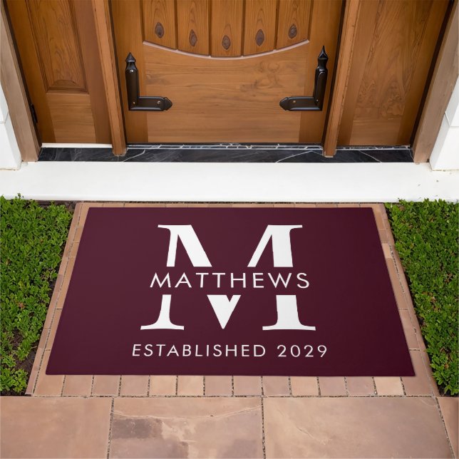 Elegant Burgundy Custom Monogram Name Doormat (Outdoor)