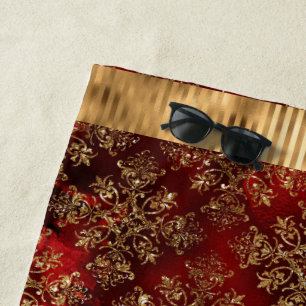 Elegant Burgundy Damask Gold Beach Towel