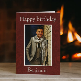 Elegant Burgundy Damask Photo Birthday Card