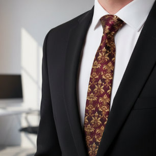 Elegant Burgundy Damask - Vintage Baroque Floral  Neck Tie