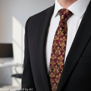 Elegant Burgundy Damask - Vintage Baroque Floral Neck Tie