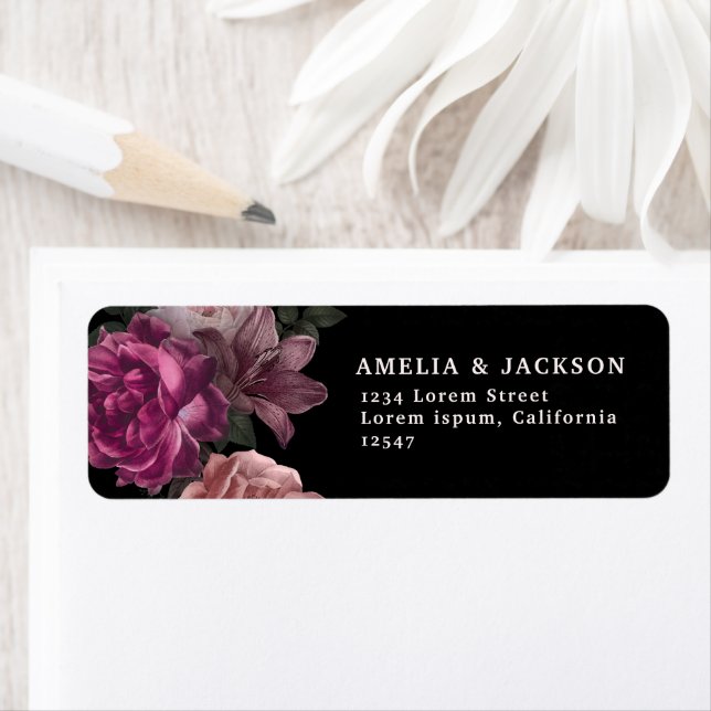 Elegant Burgundy Dark Moody Floral Black Wedding  Label (Insitu)
