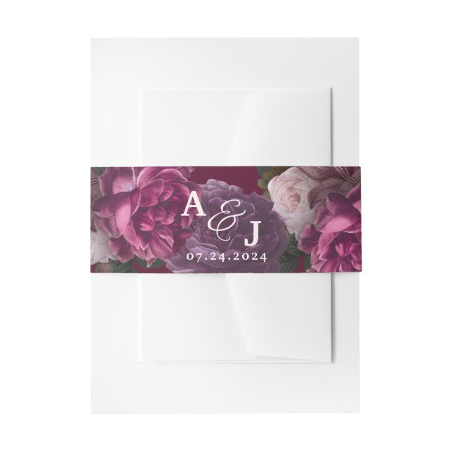 Elegant Burgundy Dark Moody Floral Wedding  Invitation Belly Band (Front Example)