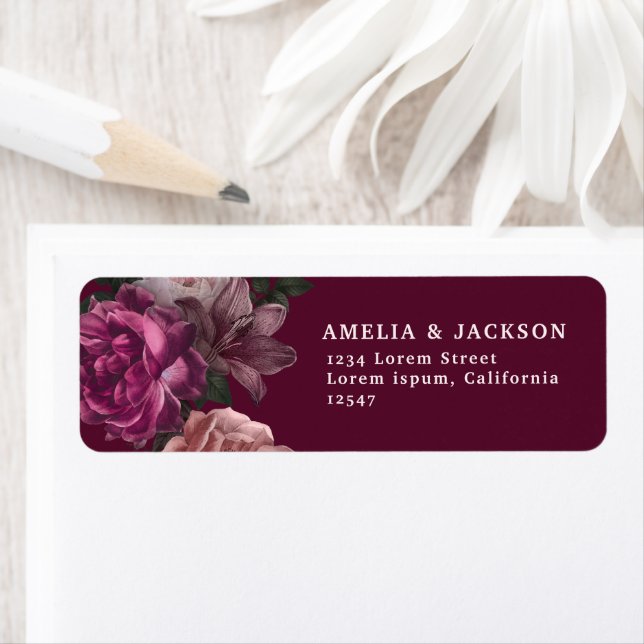 Elegant Burgundy Dark Moody Floral Wedding  Label (Insitu)