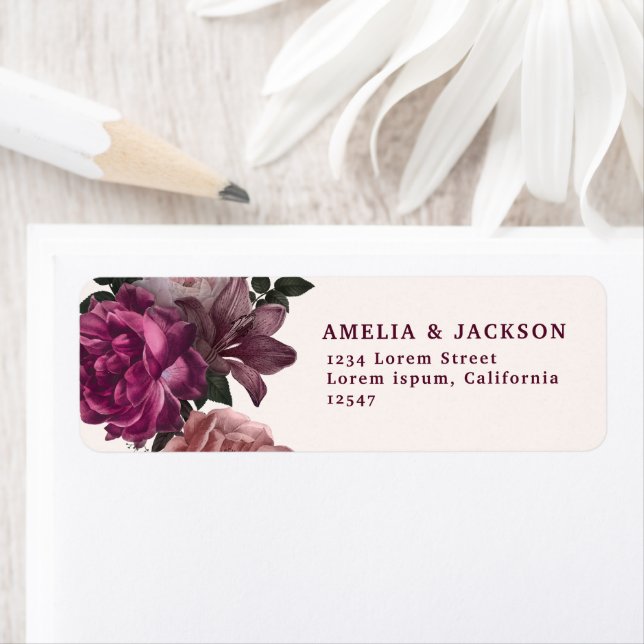 Elegant Burgundy Dark Moody Floral Wedding  Label (Insitu)
