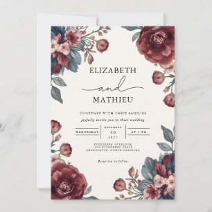 Elegant Burgundy & Dusty Blue Floral Wedding Invitation