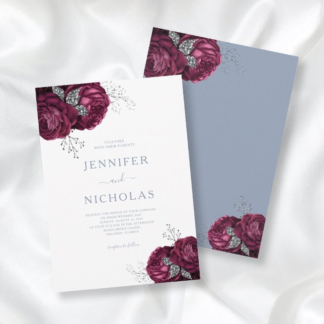 Elegant Burgundy Dusty Blue Floral Wedding Invitation (Creator Uploaded)