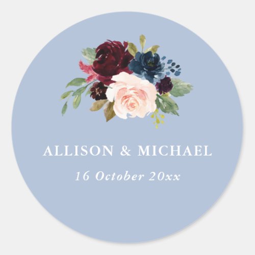 Elegant burgundy dusty blue floral wedding sticker