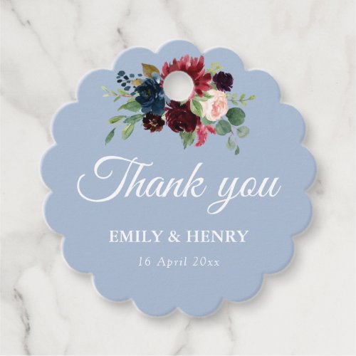 Elegant burgundy dusty blue wedding favor tags