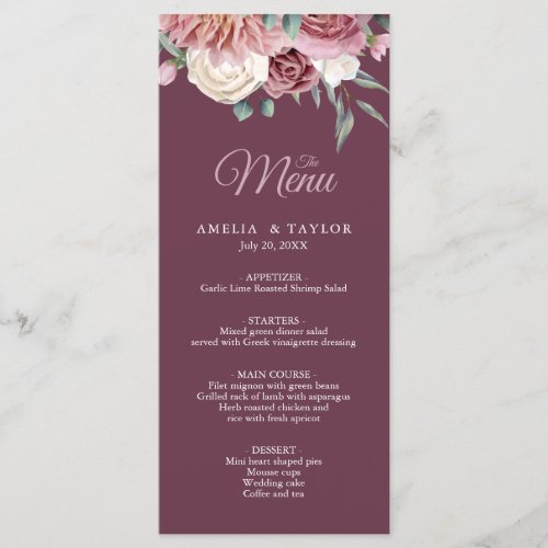 Elegant Burgundy Dusty Rose Floral Pink Wedding Menu