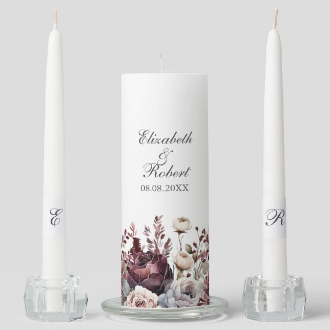 Elegant Burgundy & Dusty Rose Floral Unity Candle  (Front)