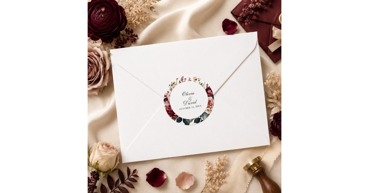 Elegant Burgundy & Dusty Rose Floral Wedding Classic Round Sticker | Zazzle