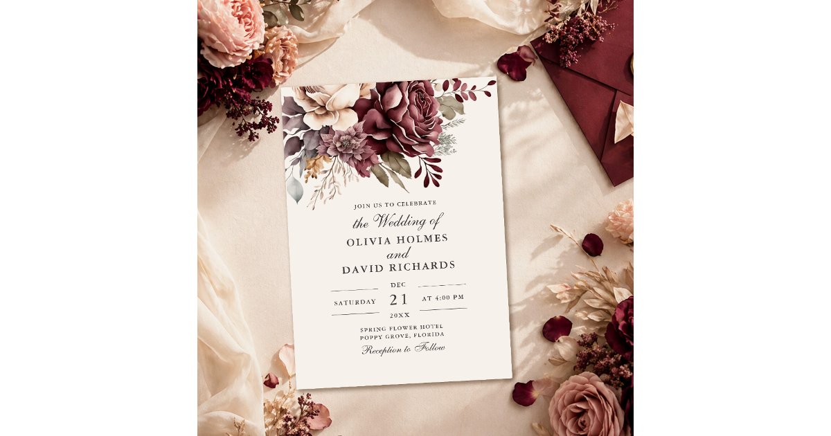 Elegant Burgundy & Dusty Rose Floral Wedding Invitation | Zazzle