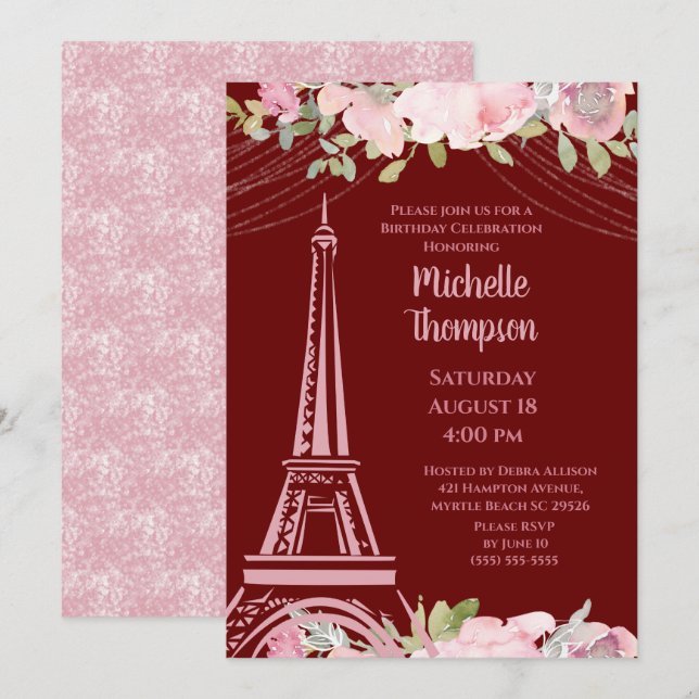 Elegant Burgundy Eiffel Tower Paris  Birthday   Invitation (Front/Back)