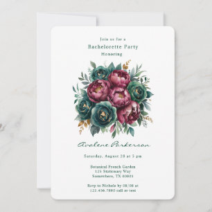 Elegant Burgundy Emerald Peony Bachelorette Party Invitation