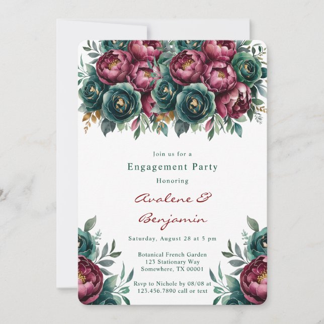 Elegant Burgundy Emerald Peony Engagement Party Invitation (Front)