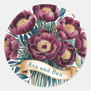 Elegant Burgundy & Emerald Peony with Gold Accent Classic Round Sticker