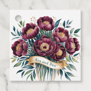 Elegant Burgundy & Emerald Peony with Gold Accent  Favor Tags
