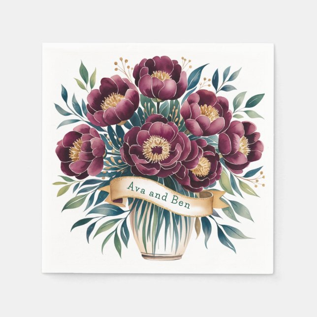 Elegant Burgundy & Emerald Peony with Gold Accent  Napkins (Front)