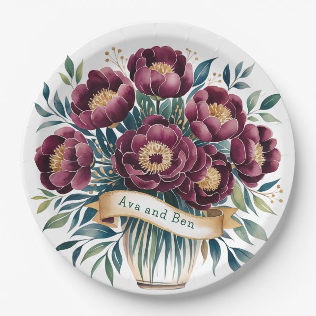 Elegant Burgundy & Emerald Peony with Gold Accent  Paper Plates (Front)
