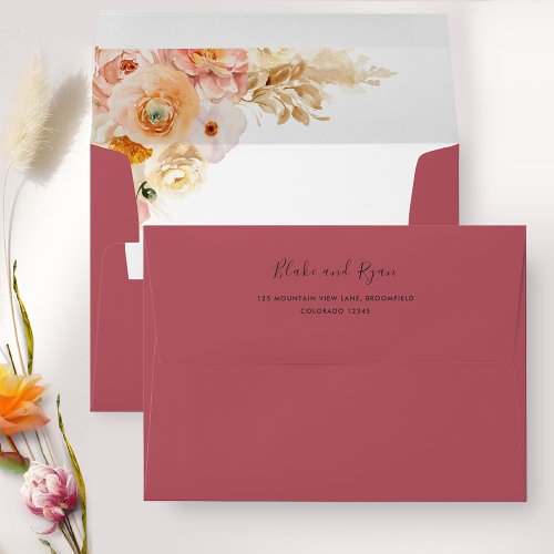 Elegant Burgundy Envelope with Peach Floral Inside