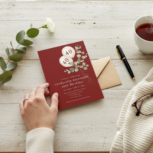 Elegant Burgundy Eucalyptus "40th" Birthday Party Invitation