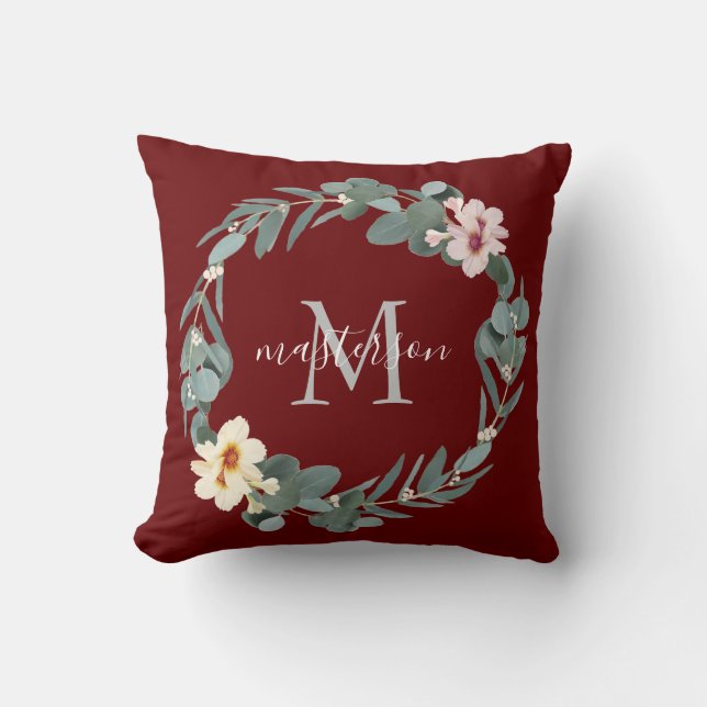 Elegant Burgundy Eucalyptus Floral Monogram Throw Pillow (Front)
