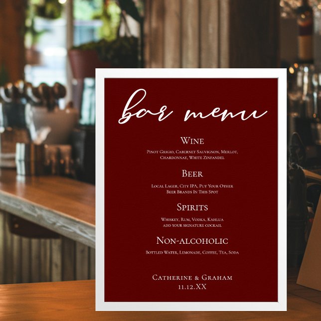 Elegant Burgundy Evening Wedding Bar Menu Poster (Creator Uploaded)
