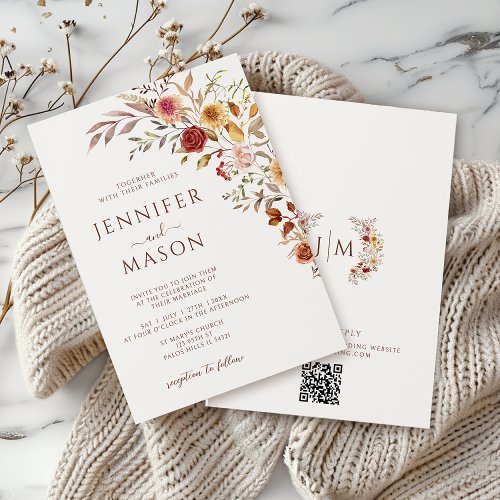 Elegant Burgundy Fall Autumn Floral Wedding QR In Invitation