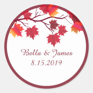 Elegant Burgundy Fall Autumn Leaf Wedding Stickers