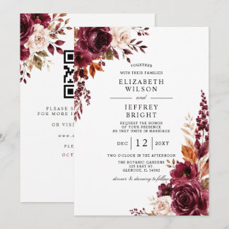 Elegant Burgundy Fall Floral QR Code Wedding Invitation